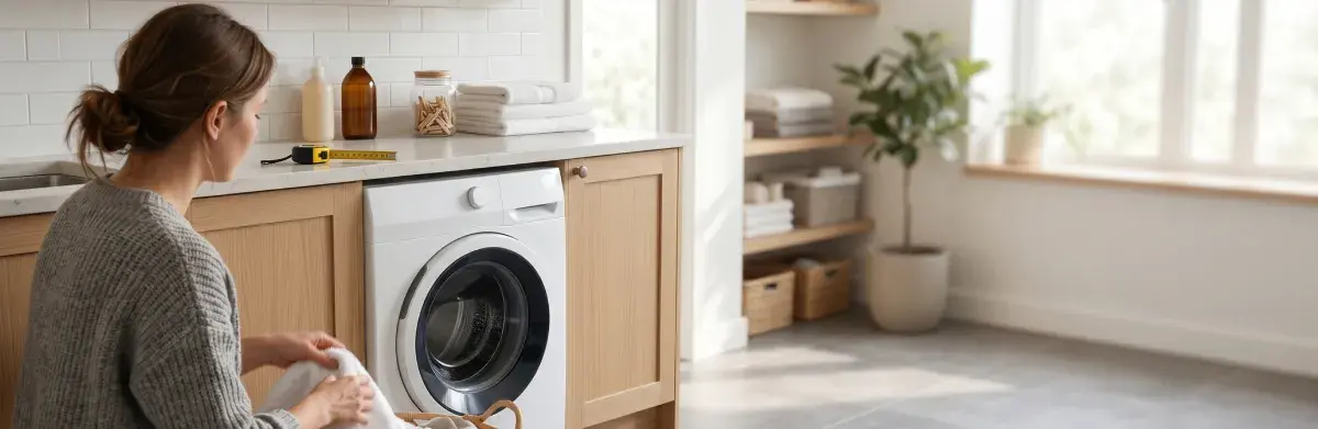 Persona che sistema il bucato accanto a una lavatrice in un ambiente domestico luminoso
